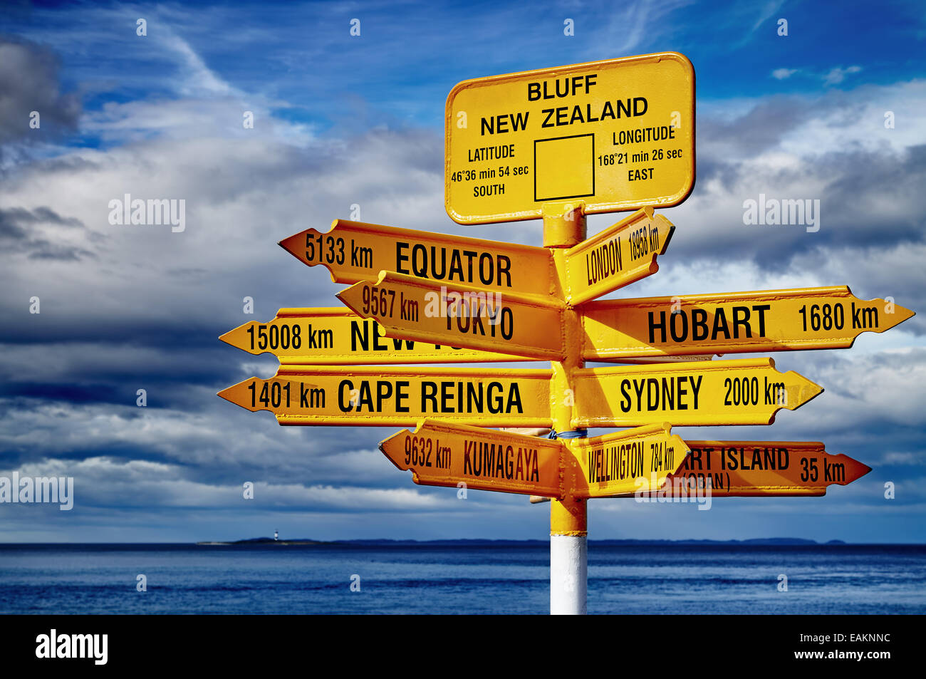Signpost in the Stirling Point, Bluff, New Zealand.  Most southern mainland point of New Zealand Stock Photo