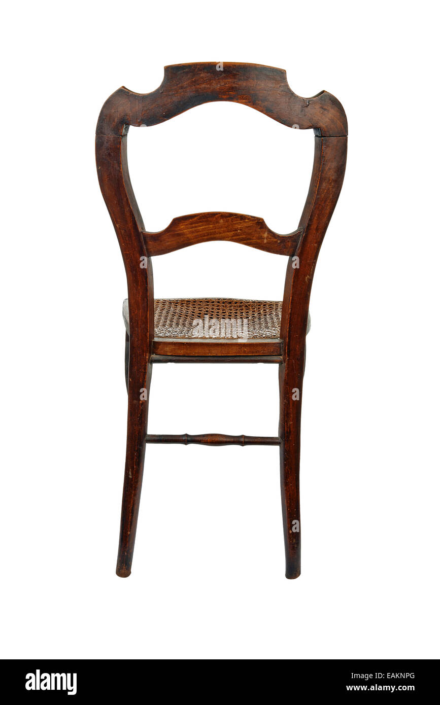 Antique wooden chair with cane isolated on white - back view Stock Photo
