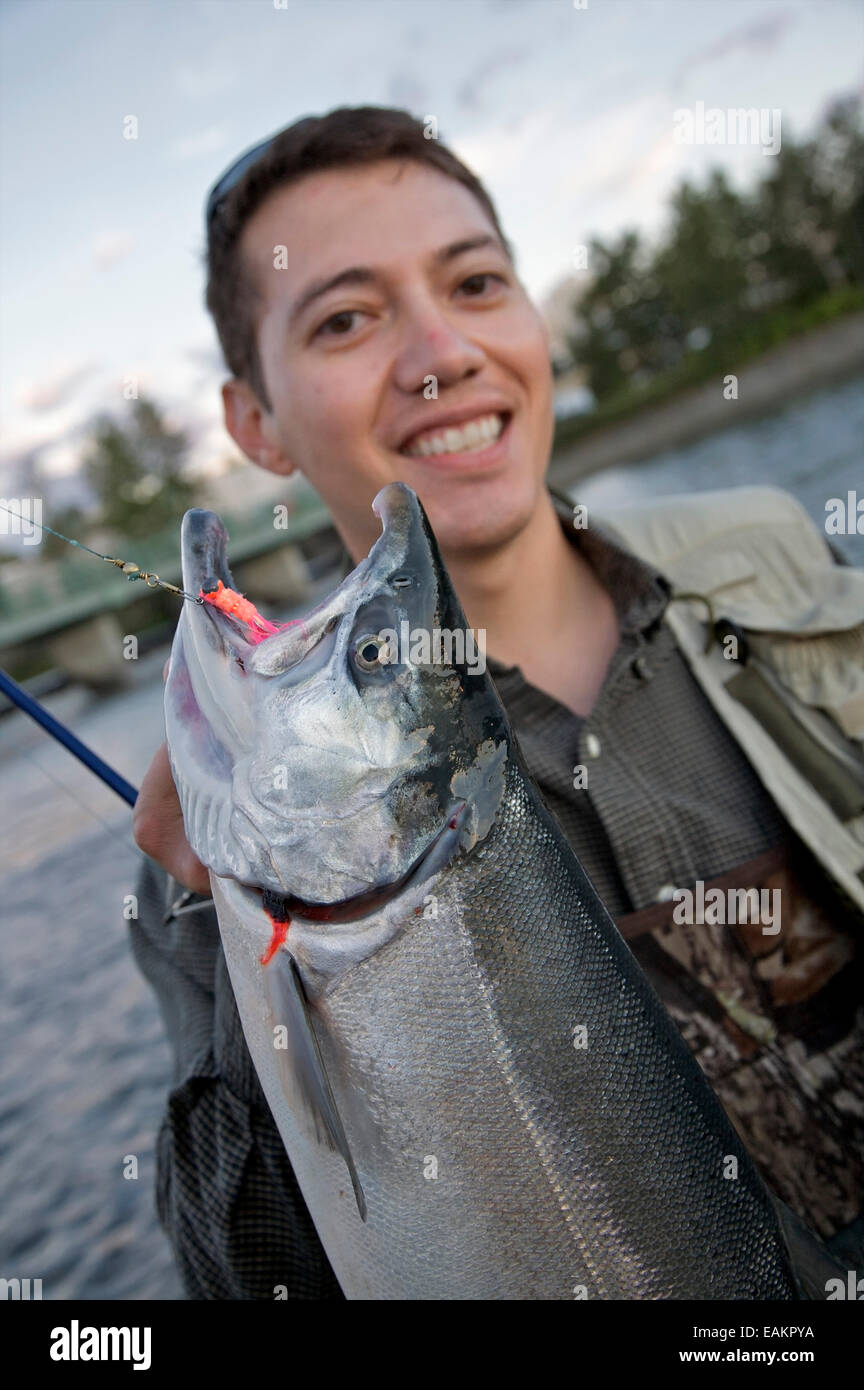 Man in Fishing Gear Holds King Salmon @ ACVB Digital AK SC Summer Anchorage  Stock Photo - Alamy