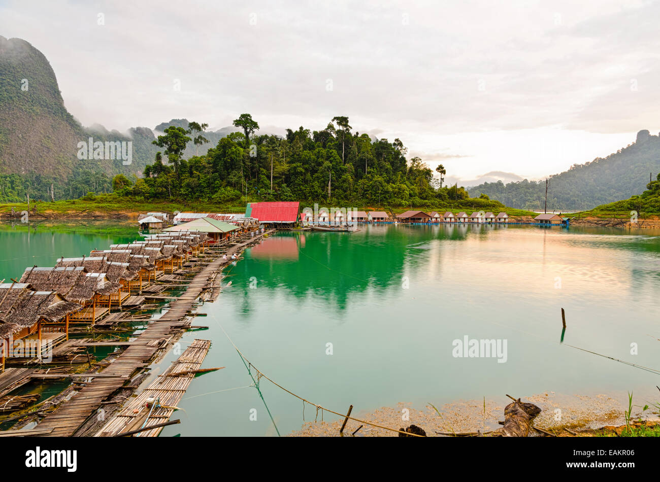 Atmosphere of bamboo floating resort in the morning at Ratchaprapha Dam, Khao Sok National Park, Surat Thani Province, Thailand Stock Photo