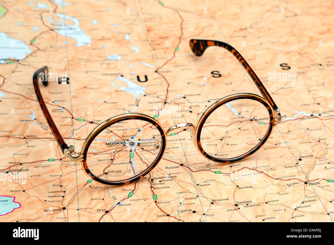 Glasses on a map of europe - Moscow Stock Photo