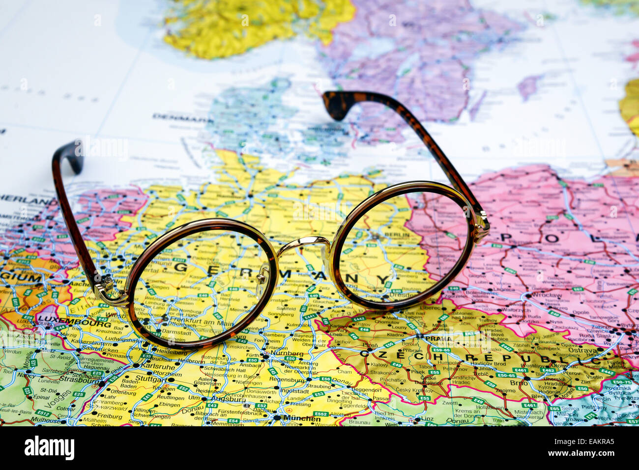 Germany map of europe hi res stock - Glasses On A Map Of Europe Germany EAKRA5