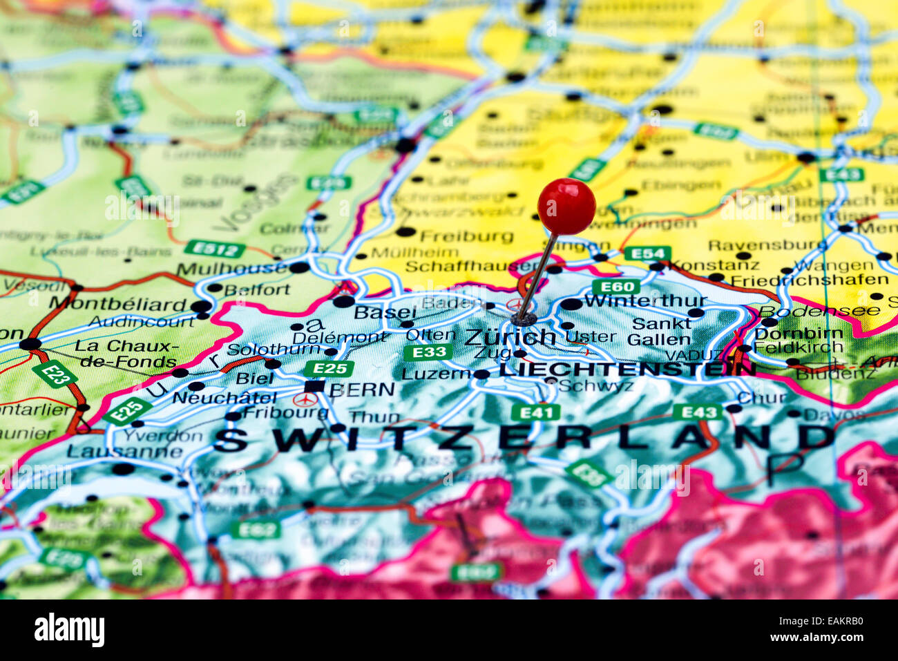 Zurich pinned on a map of europe Stock Photo