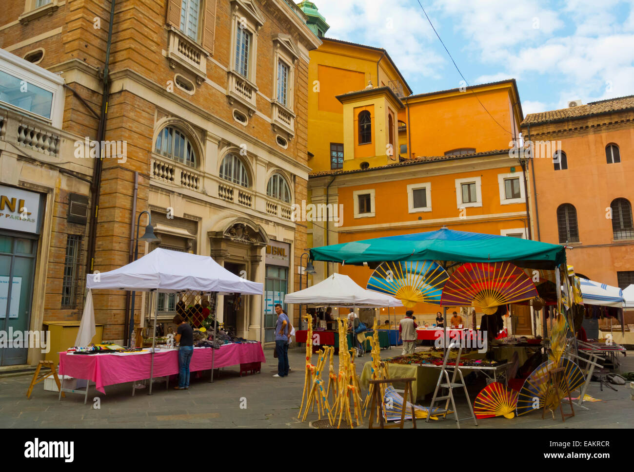 Weekend market stalls selling handicrafts, centro storico, Ravenna