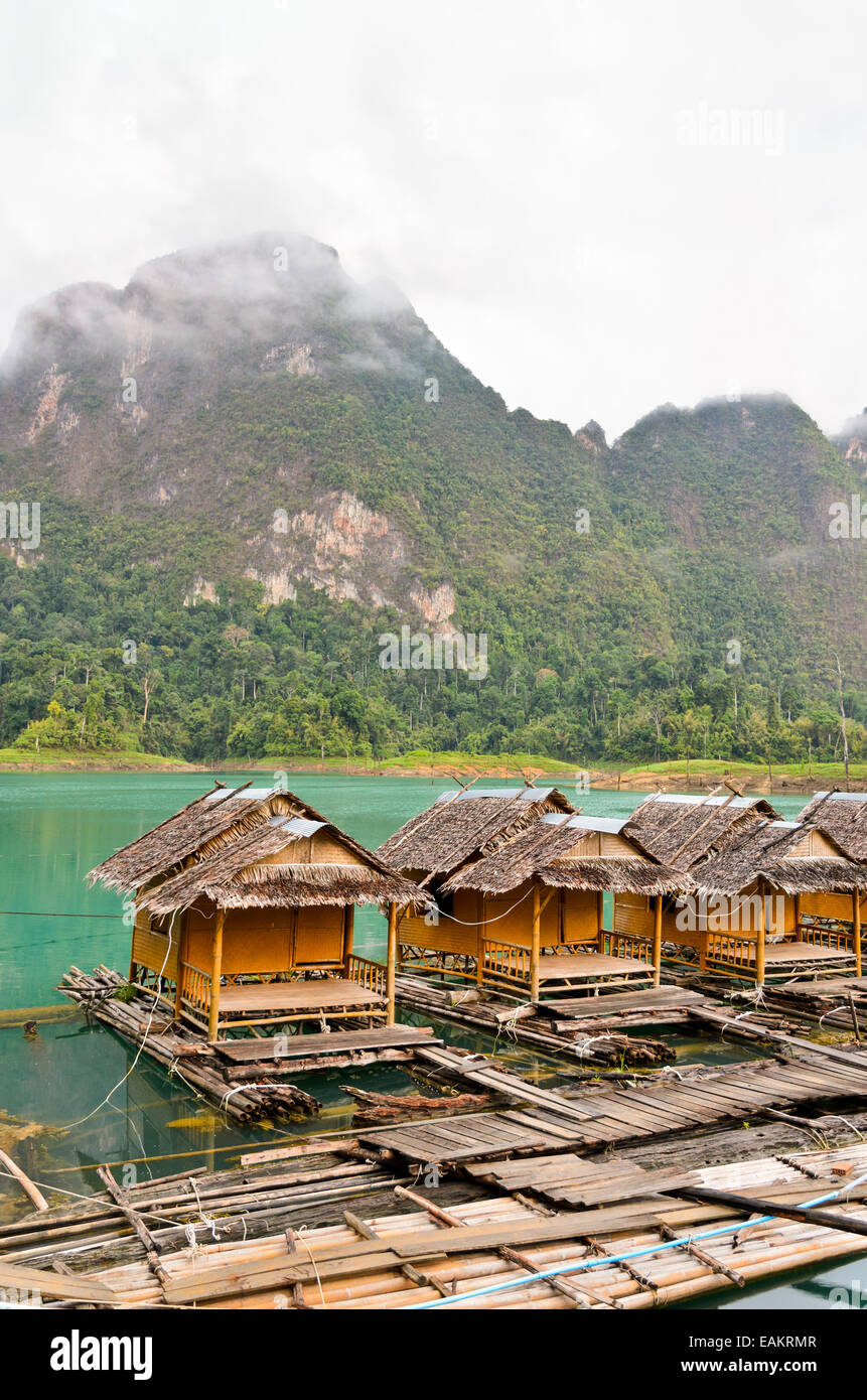 Atmosphere of bamboo floating resort in the morning at Ratchaprapha Dam, Khao Sok National Park, Surat Thani Province, Thailand Stock Photo