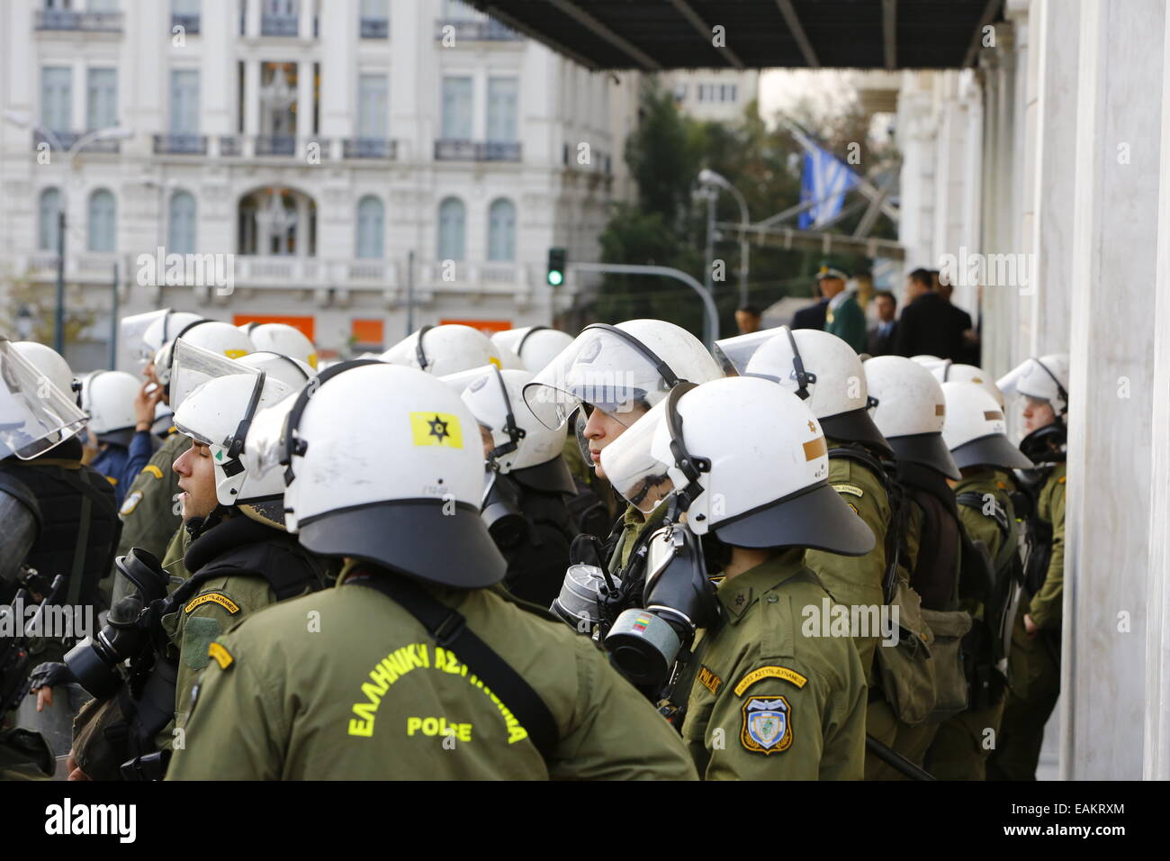 Athens, Greece. 17th Nov, 2014. Police officers in full riot gear stand ...