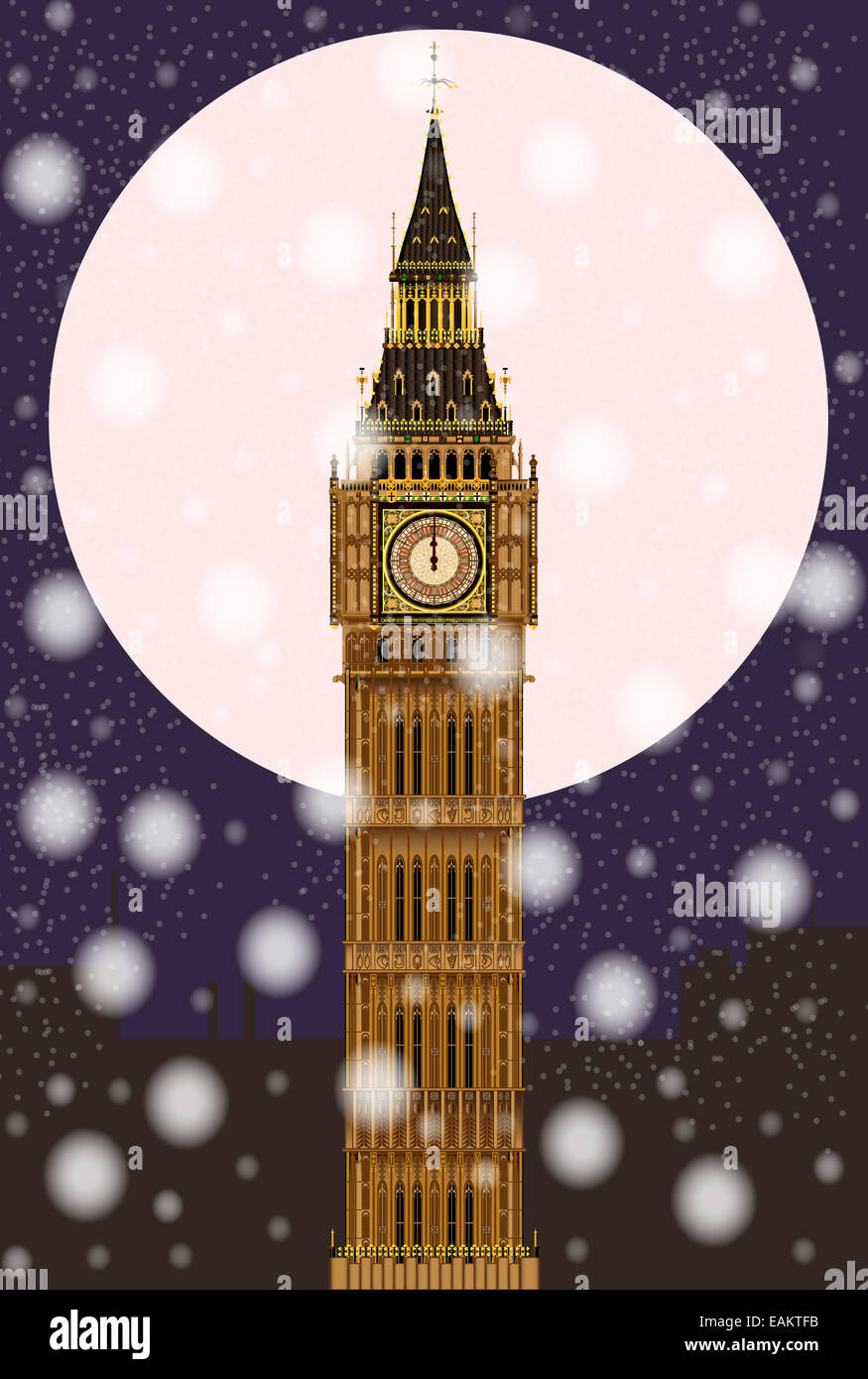 The London landmark Big Ben Clocktower at midnight by a full moon and snowflakes Stock Photo