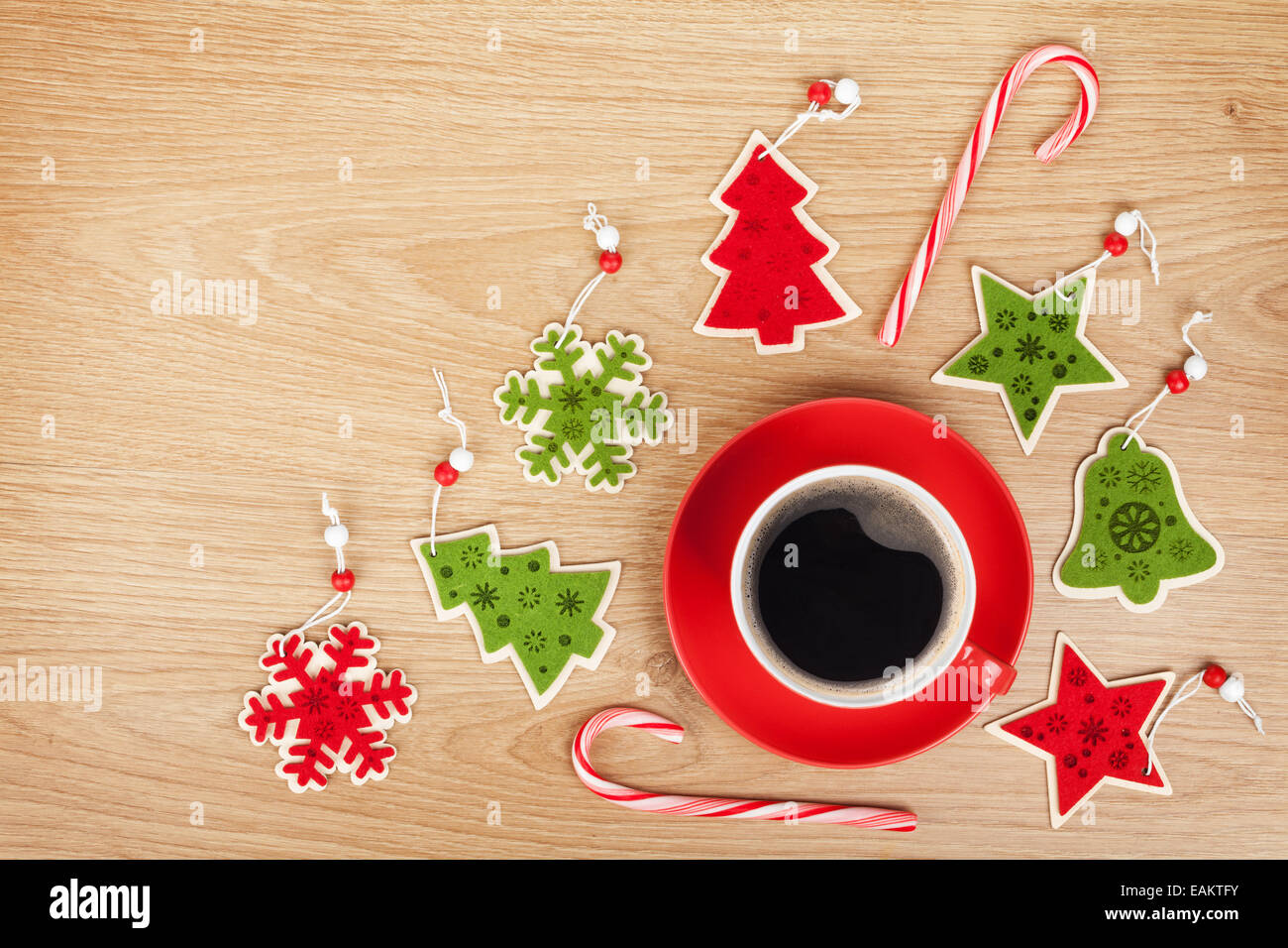 Coffee cup and christmas decor on wooden background with copy space ...