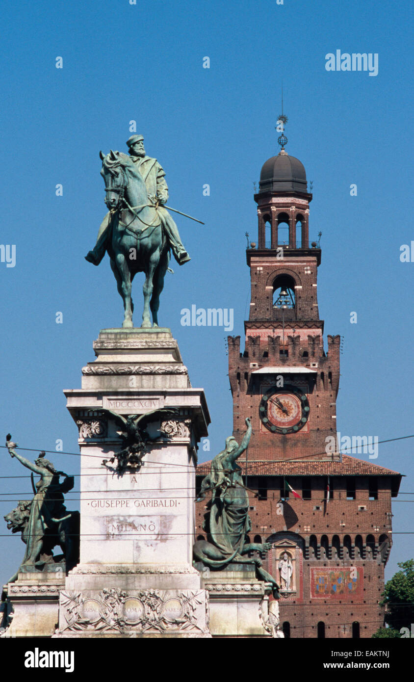 Italy, Lombardy, Milan, Piazza Cairoli Square,  Giuseppe Garibaldi statue background Sforzesco Castle Stock Photo