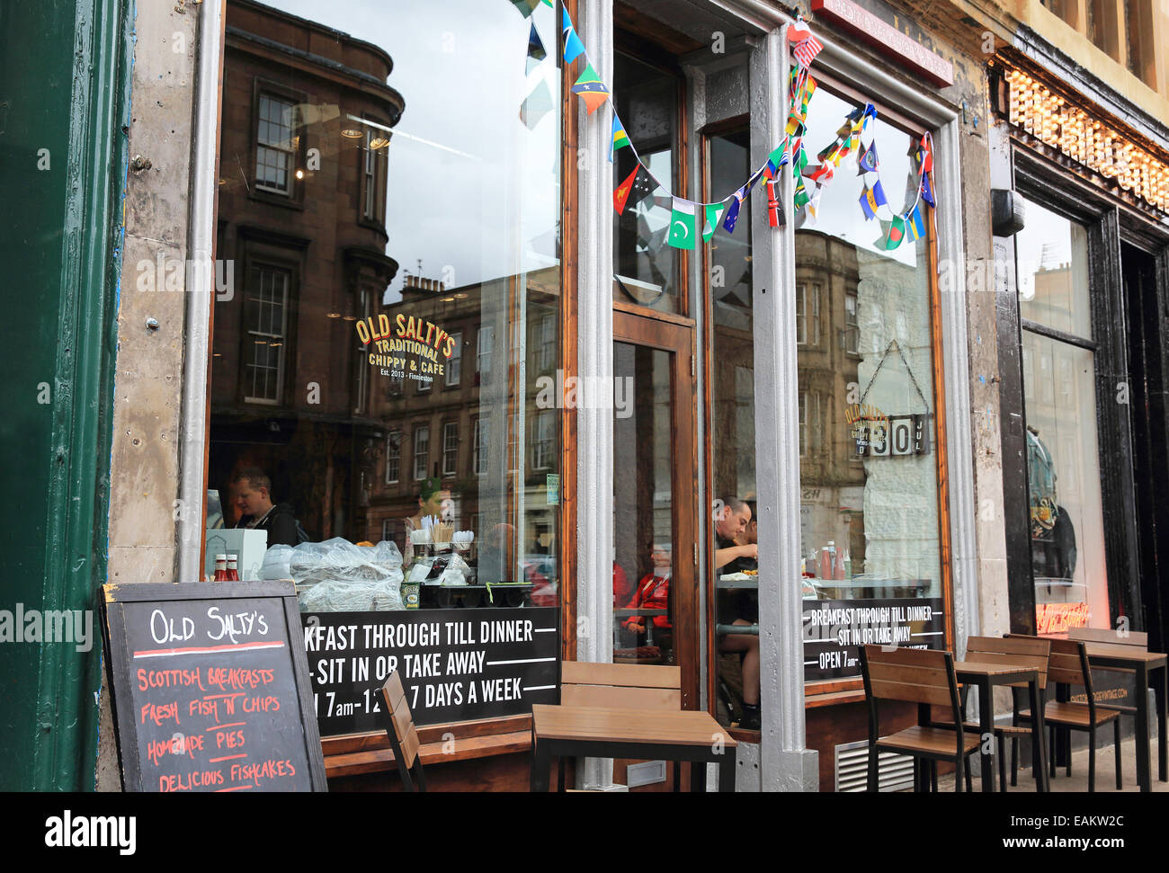 Old Salty's traditional 'chippy', on Argyle Street, on the trendy regenerated 'Finnieston Strip', in Glasgow, Scotland, UK Stock Photo