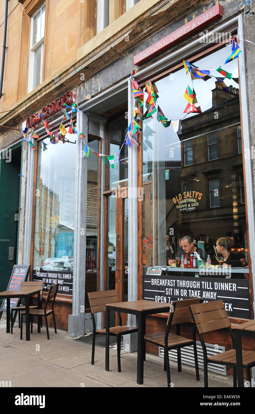 Old Salty's traditional 'chippy', on Argyle Street, on the trendy regenerated 'Finnieston Strip', in Glasgow, Scotland, UK Stock Photo