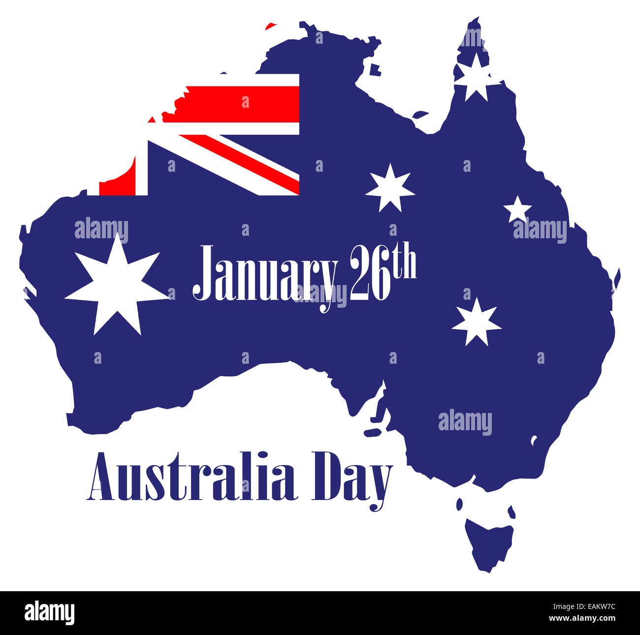 Outline map of Australia over a white background with flag inset and Australia Date Stock Photo