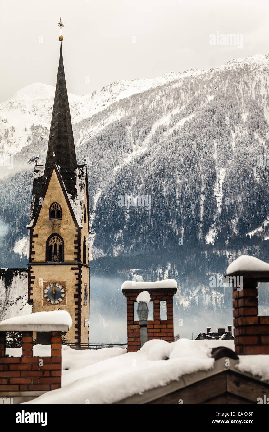a small austrian town heavily covered with snow after a blizzard Stock Photo
