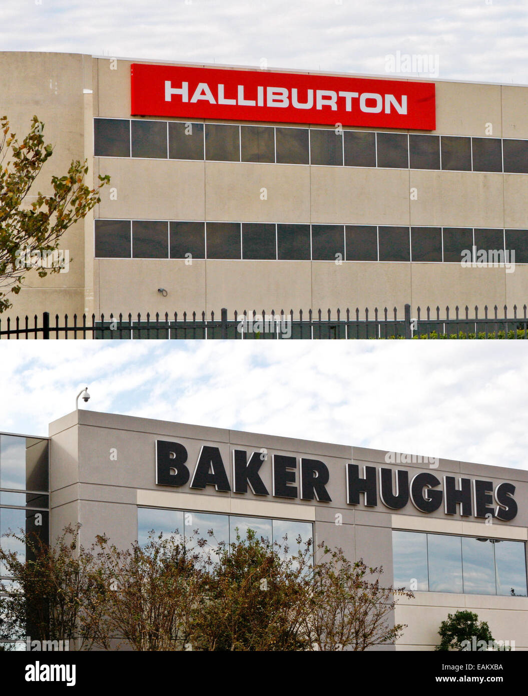 Houston. 17th Nov, 2014. The combined photo taken on Nov. 17, 2014 shows the headquarters building of U.S. oil field service company Halliburton Company (top) and an office building belonging to its rival Baker Hughes Inc. in Houston, Texas, the United States. The two companies on Monday announced a definitive agreement under which Halliburton will acquire all the outstanding shares of Baker Hughes in a stock and cash transaction, representing an equity value of 34.6 billion U.S. dollars. © Song Qiong/Xinhua/Alamy Live News Stock Photo