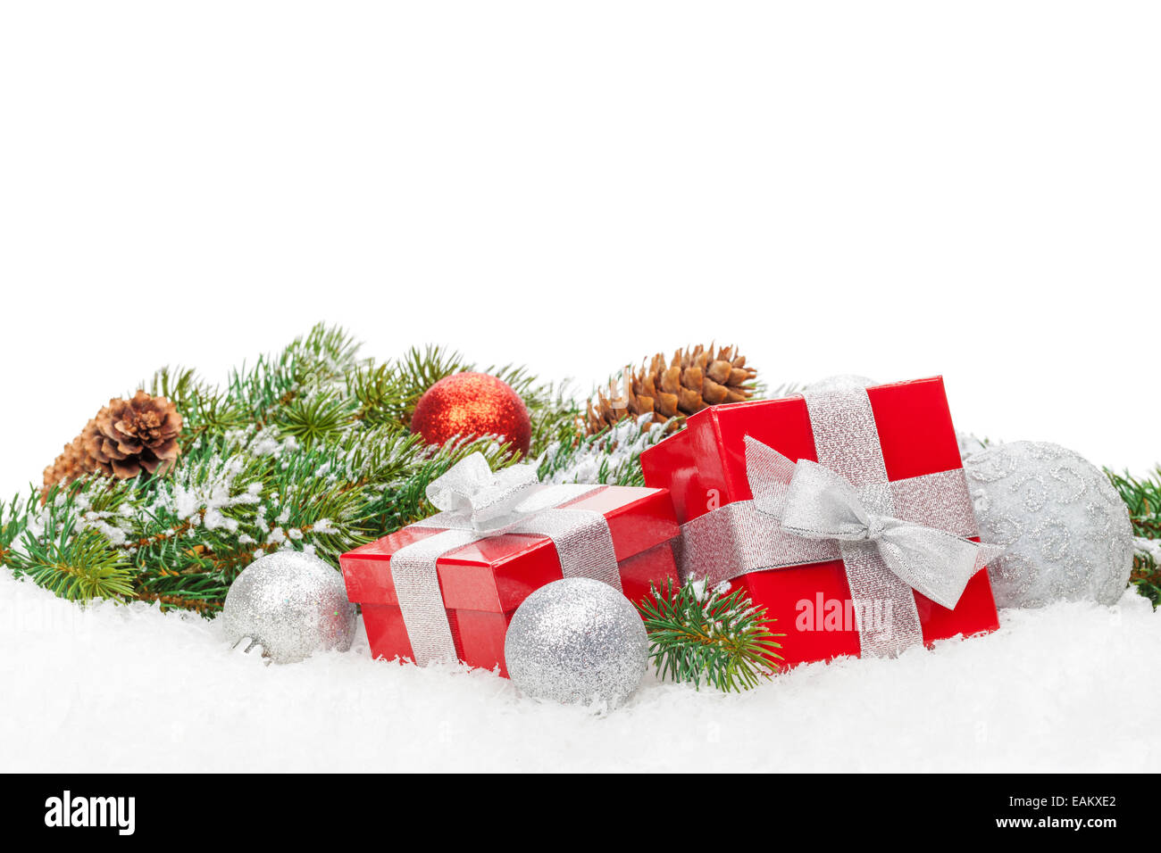 Christmas gift boxes and snow fir tree. Isolated on white background ...