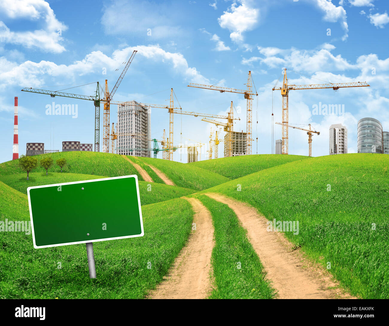 Industrial Zone Green Hills And Road With Empty Roadsign Against Sky Stock Photo Alamy