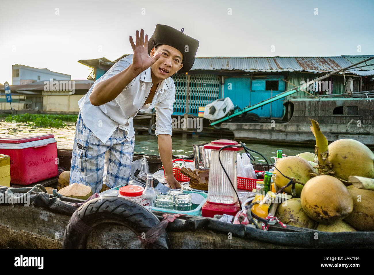 A boat with refreshments in the floating market of Phong Dien on the ...