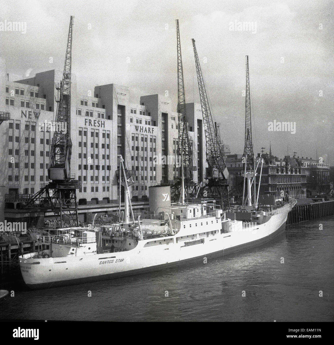 1960s, historical picture of freighter Stantos Star moored on river Thames at the New Fresh Wharf Company,  Docklands, London, England, UK. Stock Photo