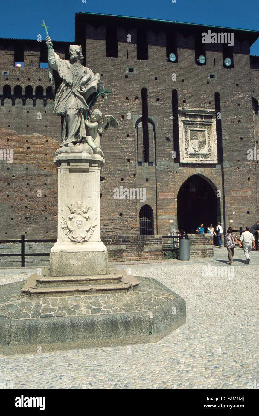 Italy Lombardy, Milan, Castello Sforzesco Castle, Courtyard, Marble Statue of Saint John of Nepomuk Stock Photo