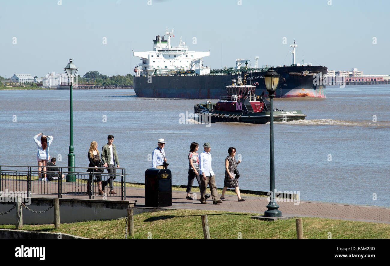 Mississippi River New Orleans USA visitors on a pedestrian walkway