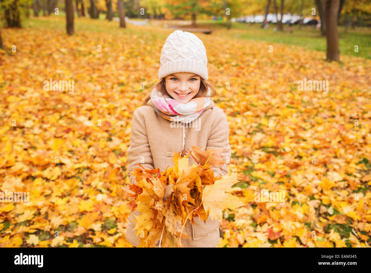 smiling little girl with autumn leaves in park Stock Photo - Alamy