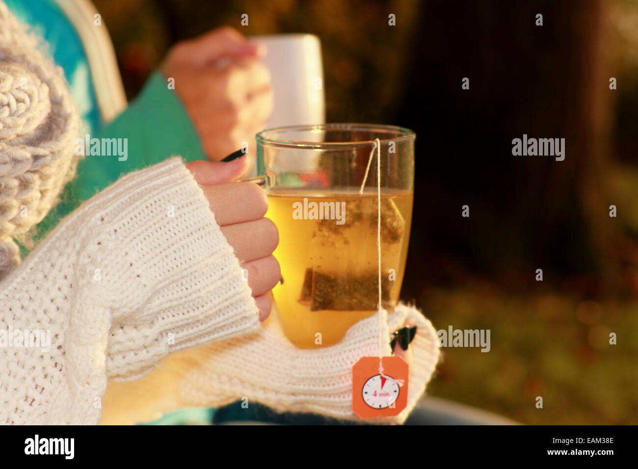 Daughter and mother drink tea in autumn park, close up Stock Photo