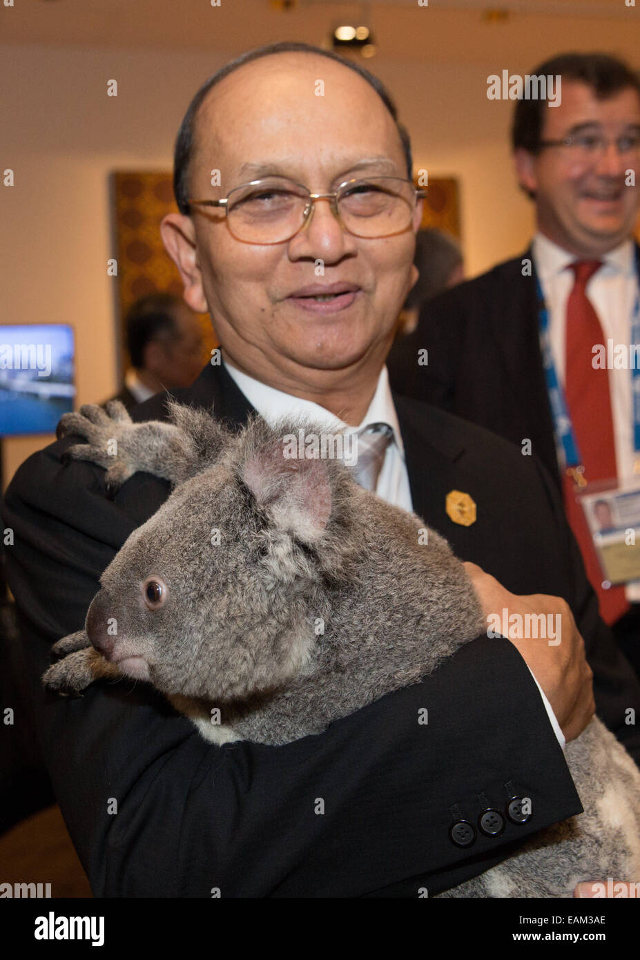 Myanmar President U Thein Sein holds Jimbelung the koala before the start of the G20 Leaders Summit November 15, 2014 in Brisbane, Australia. Stock Photo