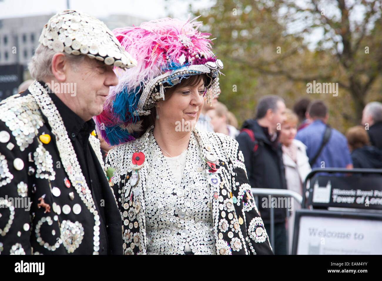 Pearly Kings and Queens by the Tower of London during the Blood Swept Lands and Seas of Red poppy installation 09 Nov 2014 Stock Photo