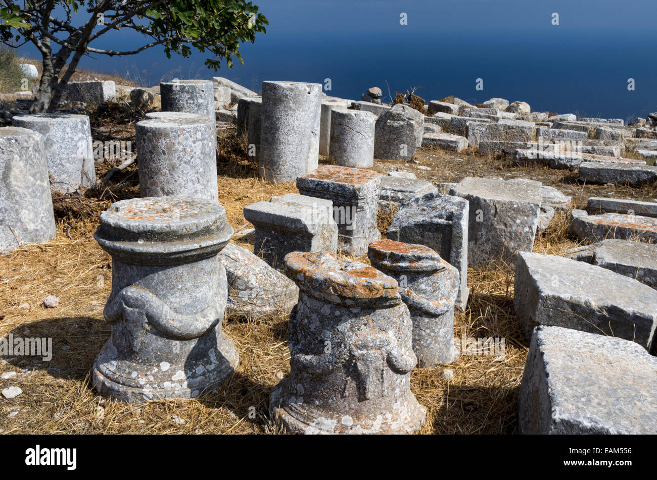 Ruins of Ancient Thira (Thera), Santorini, Greece.  The site contains buildings of the Archaic, Hellenistic, and Roman periods. Stock Photo