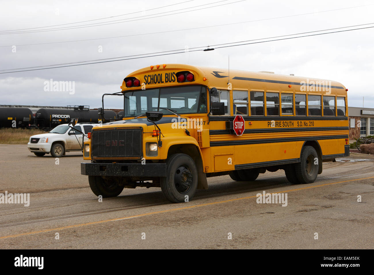 gmc yellow school bus prairie south Saskatchewan Canada Stock Photo