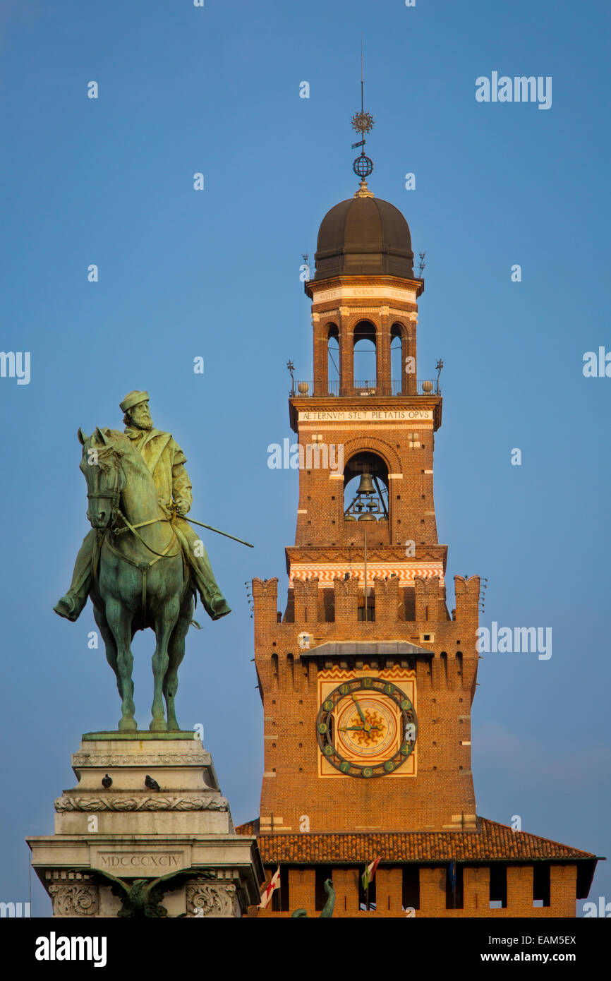 Equestrian statue of Giuseppe Garibaldi below the tower of Castello Sforzesco, Milan, Lombardy, Italy Stock Photo