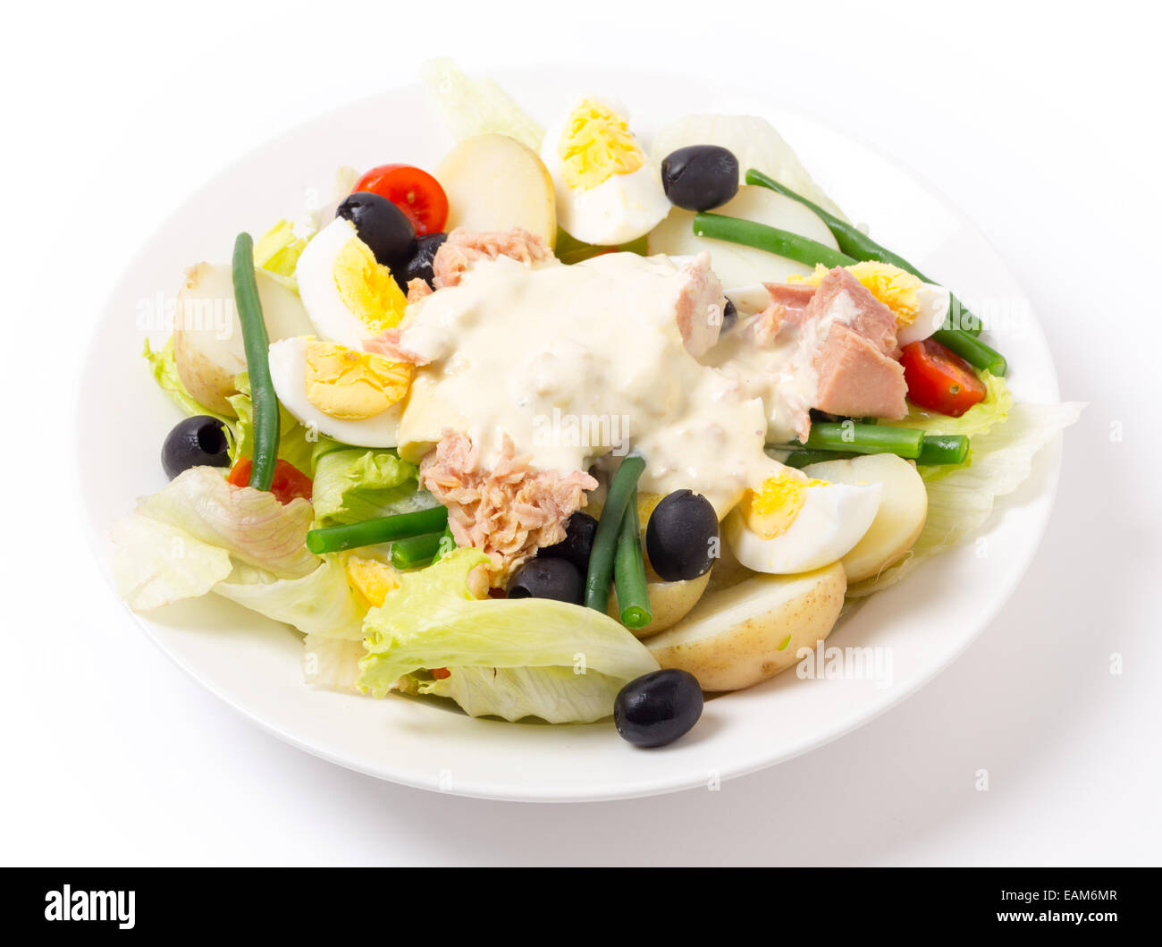 Freshly made traditional nicoise salad with tuna, boiled egg, potato
