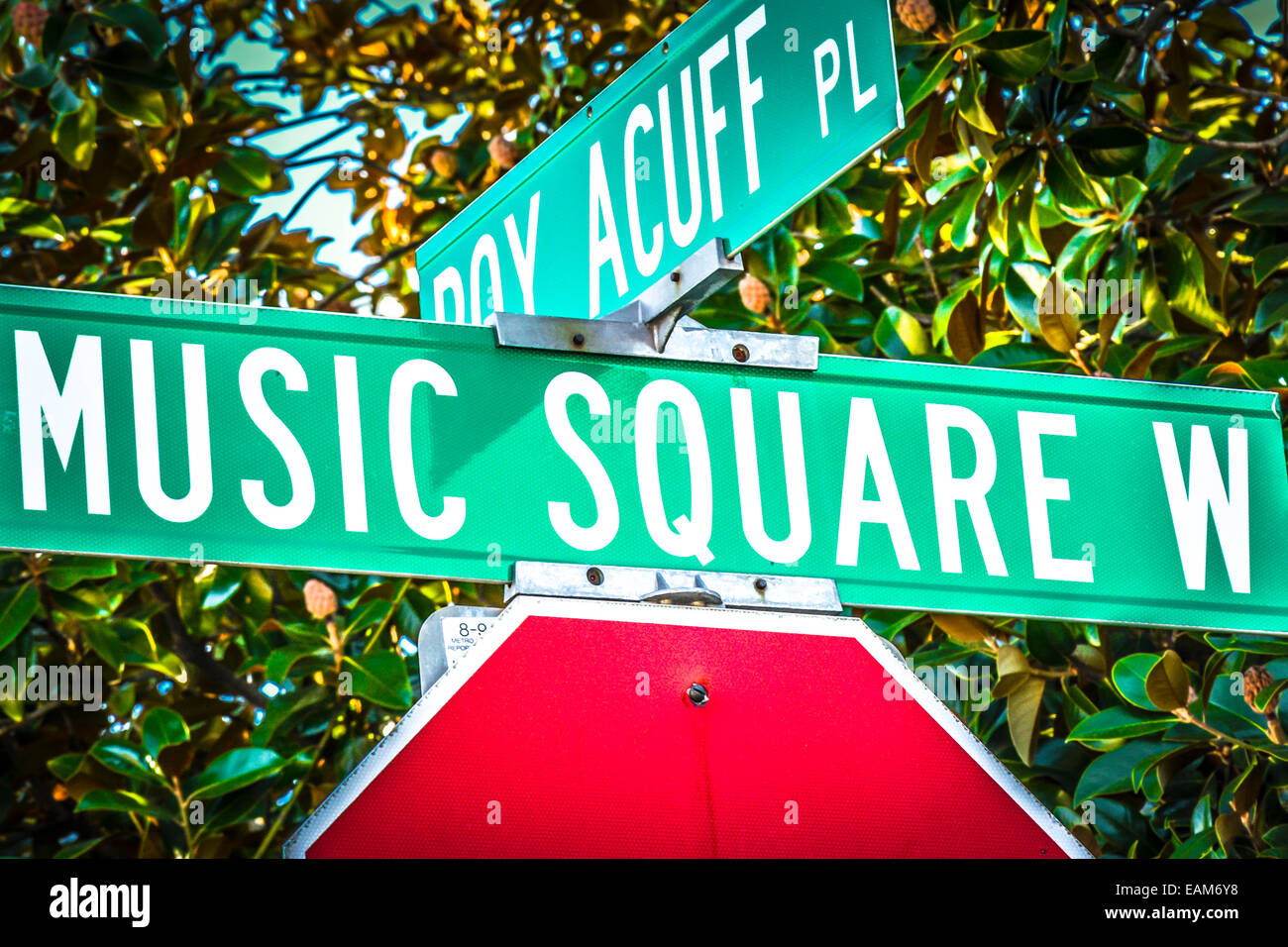 Street signs at intersection of Roy Acuff Place and Music Square West on Music row in Nashville, TN, USA Stock Photo