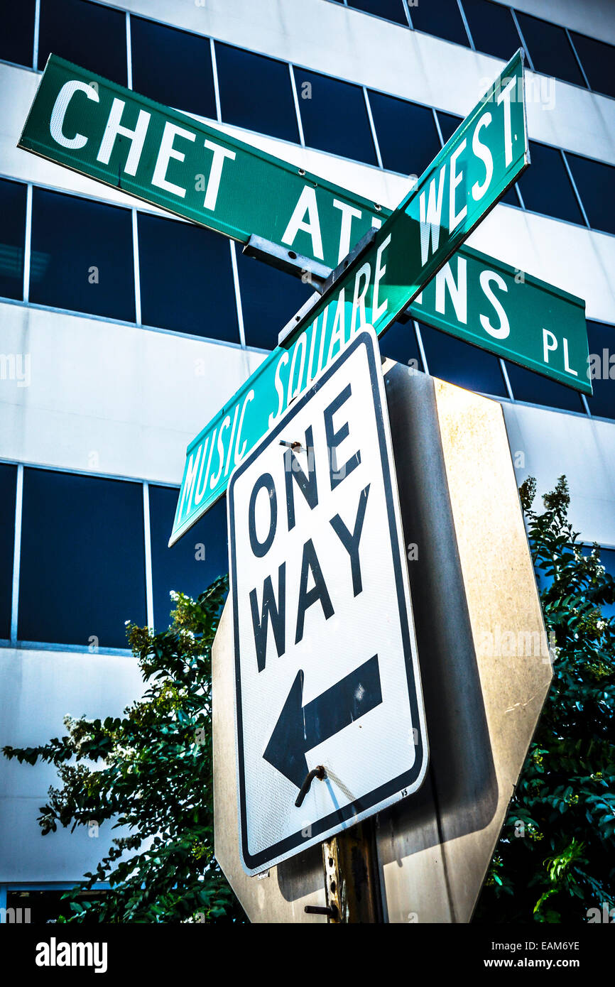 Street signs at intersection of Chet Atkins Place and Music Square West on Music row in Nashville, TN, Music City USA Stock Photo