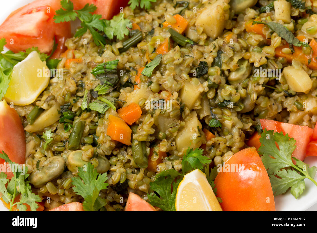 Traditional Egyptian freek vegetable pilaf, with the roasted wheat grain taking the place of