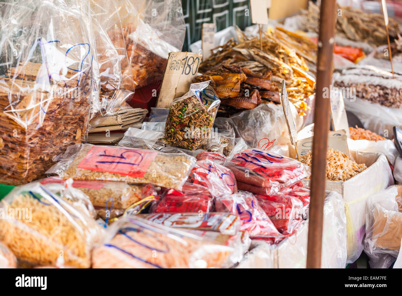 dried seafood on sale in a thai street market in Bangkok, Thailand