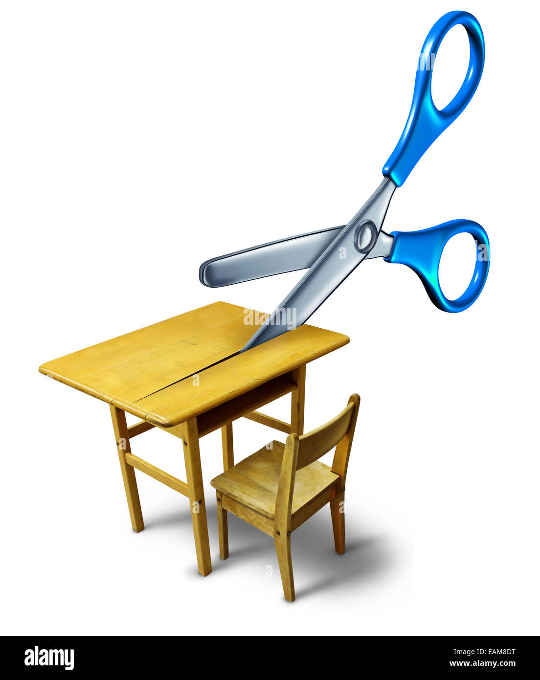 School budget cuts crisis concept and education cutbacks symbol as an old class desk being cut by scissors as a metaphor for bel Stock Photo