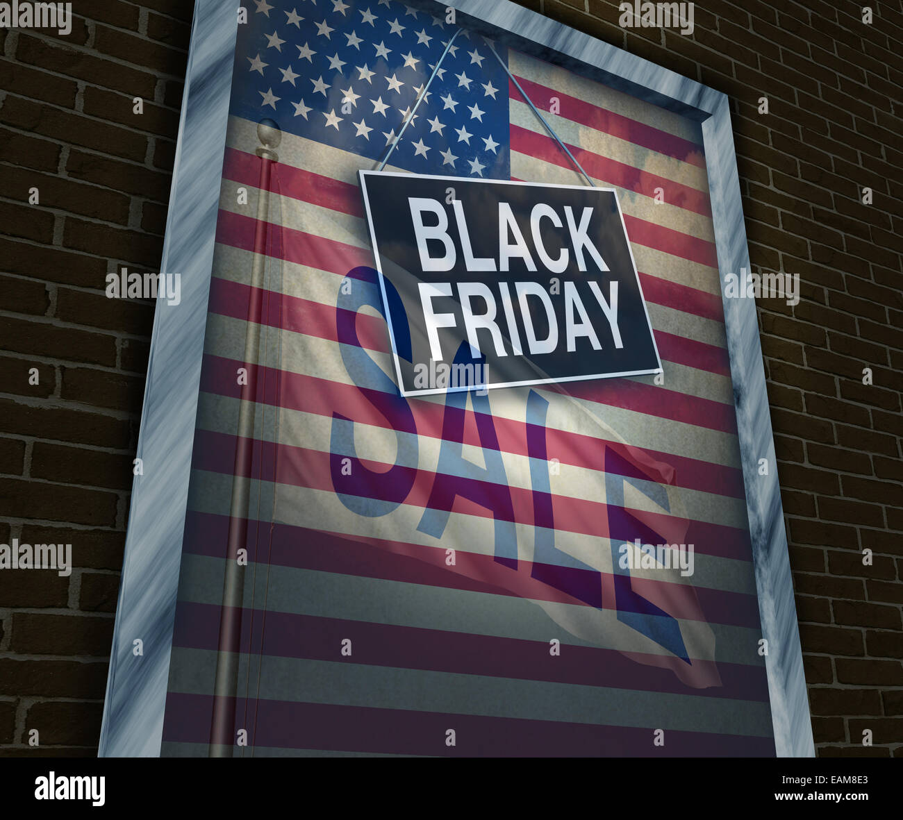 Black Friday holiday sale banner sign on a store window with an American flag reflection to celebrate the season to shop for low prices and discounts at retail stores offering special buying opportunities. Stock Photo