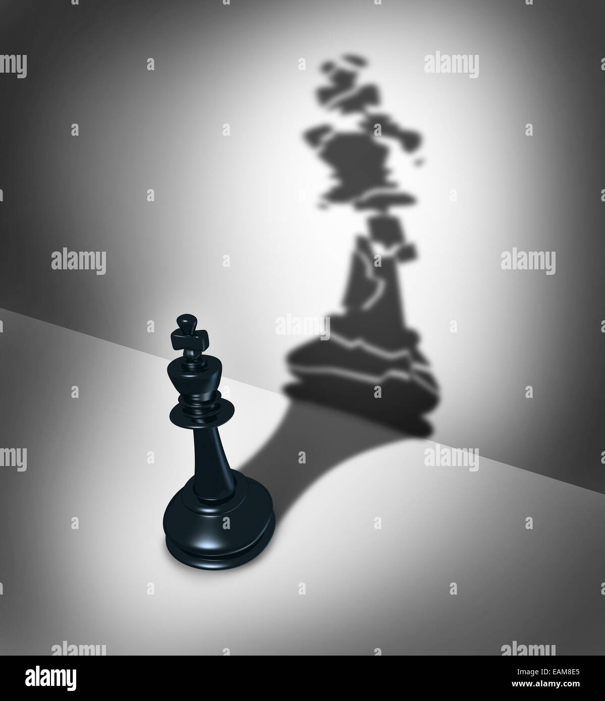 Broken leadership business crisis concept and weak leader metaphor as a three dimensional chess piece casting a shadow as a cracked icon as a symbol of  management failure. Stock Photo