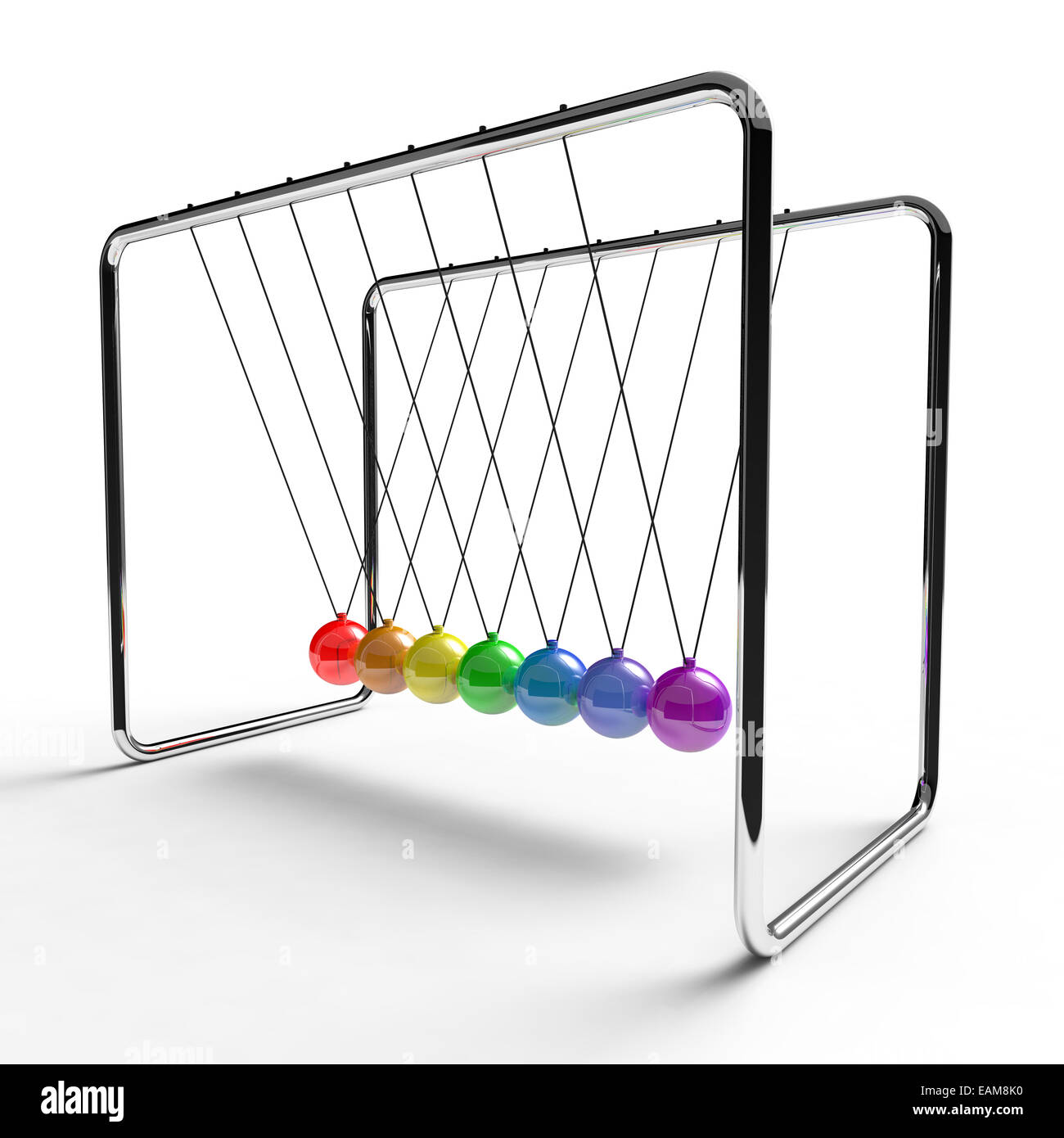 newton's cradle with rainbow coloured balls suspended from metal frame on a white background Stock Photo