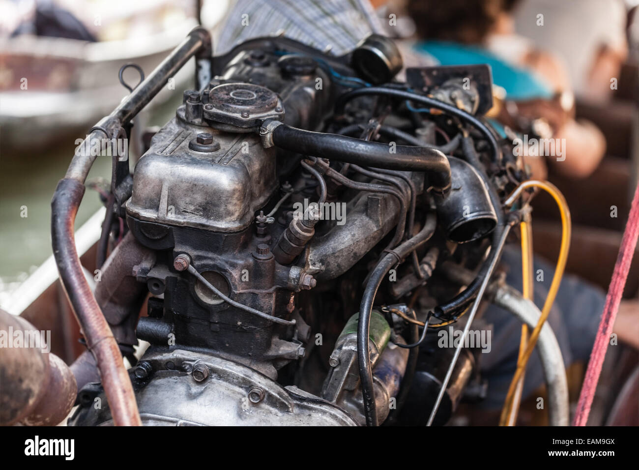 Thai traditional longtail boat big diesel engine details Stock Photo