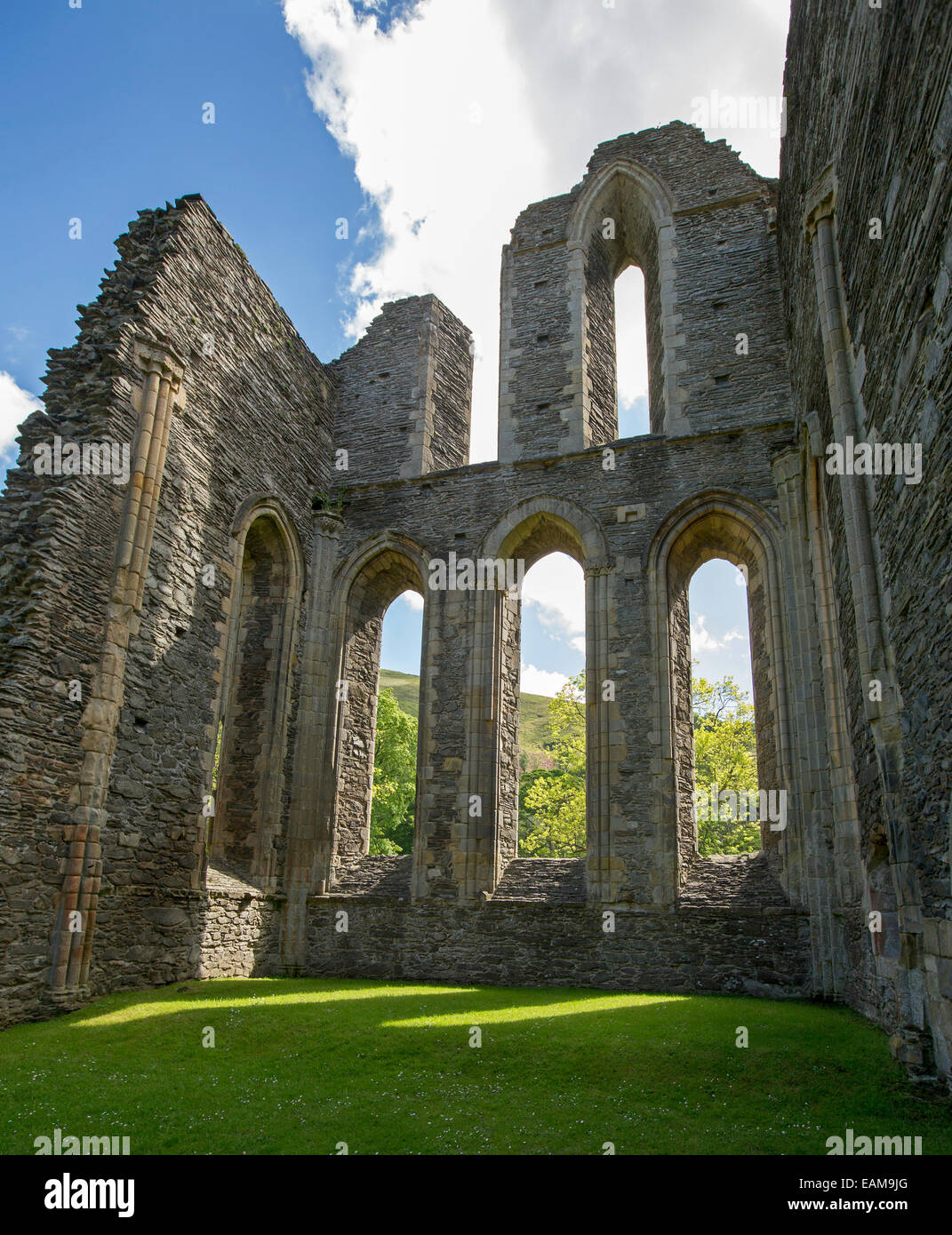 High stone walls of 13th century Valle Crusis abbey ruins rising from emerald grass to blue sky near Llantysilio in Wales Stock Photo