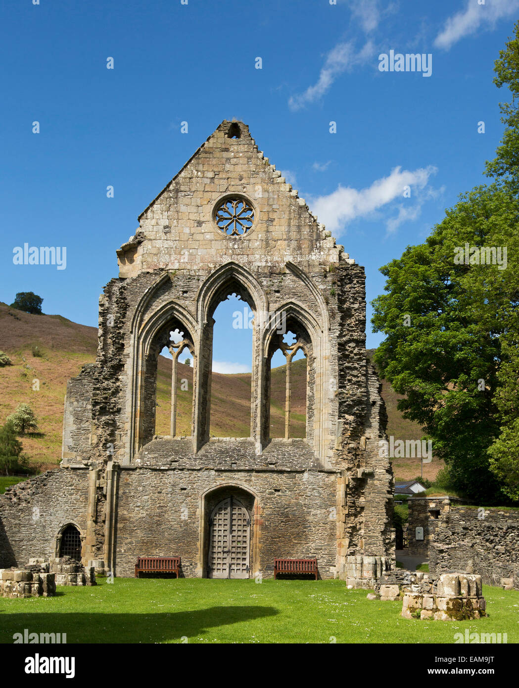 Ornate facade of 13th century Valle Crusis abbey ruins at foot of grassy hill and under blue sky  near Llantysilio in Wales Stock Photo