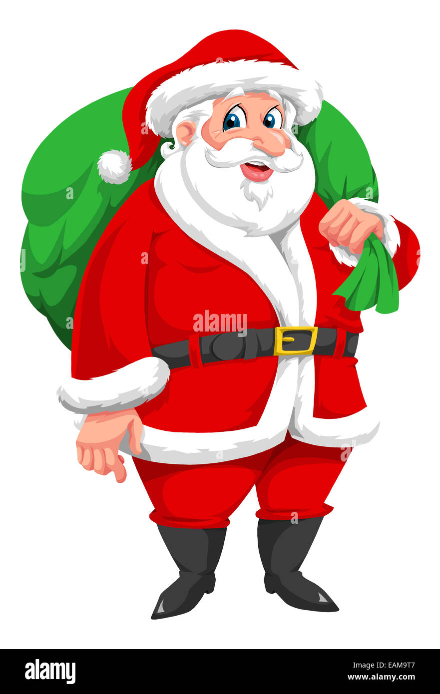 Santa Claus with Green Sack Full of Presents, vector illustration Stock Photo