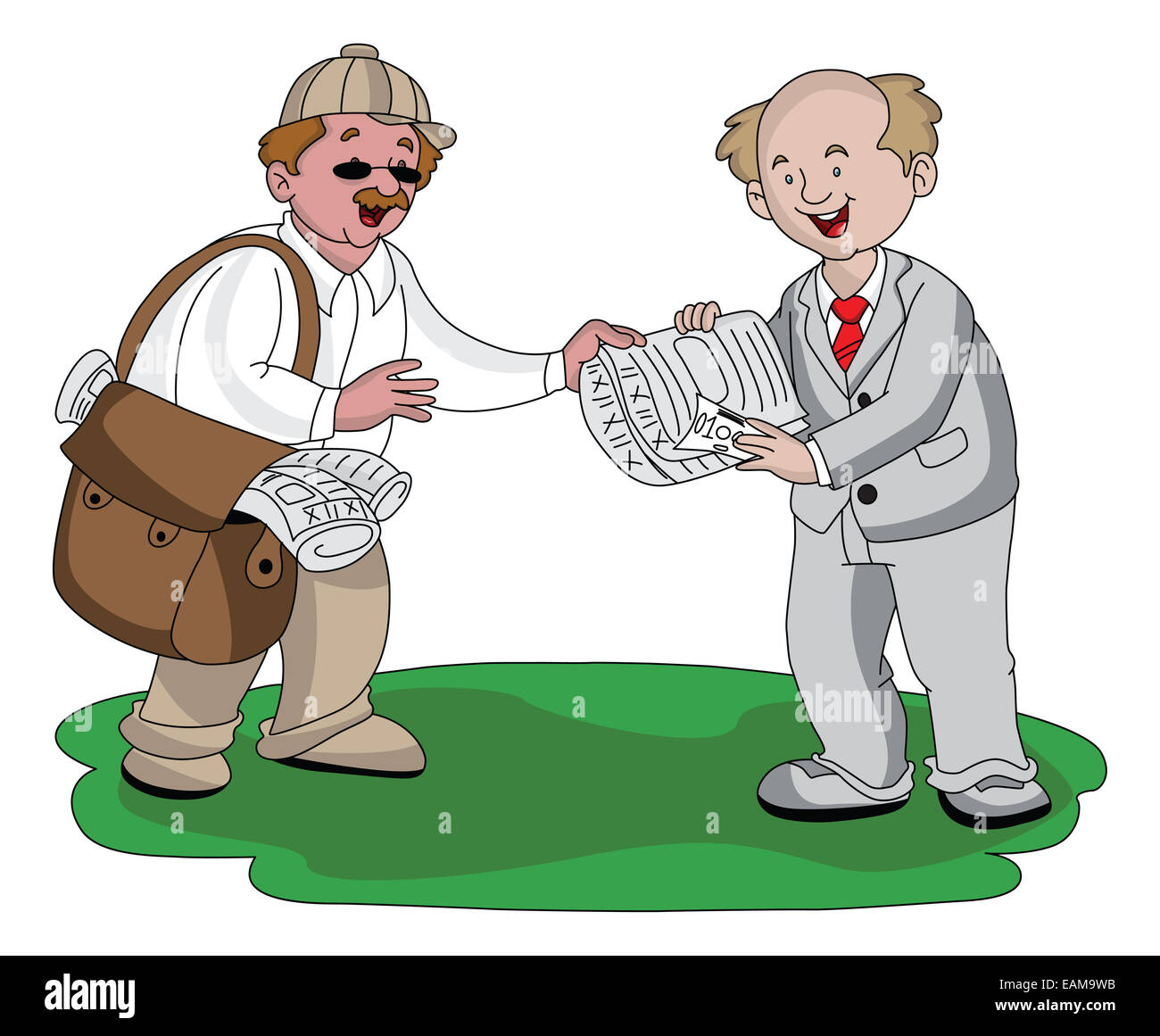 Vector illustration of vendor receiving money for selling newspaper