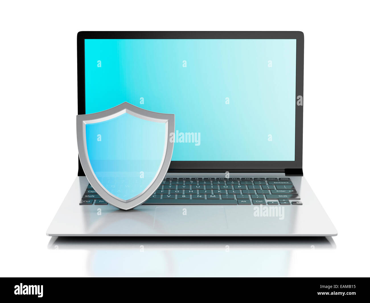 image of laptop with shield. internet security, antivirus concept on isolated white background. 3d renderer Stock Photo