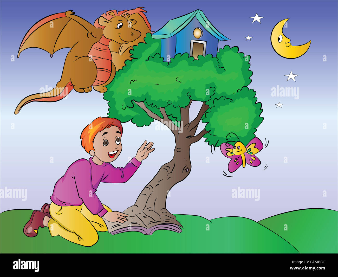 Boy Imagining a Treehouse with Butterfy and Dragon from a Book, vector illustration Stock Photo