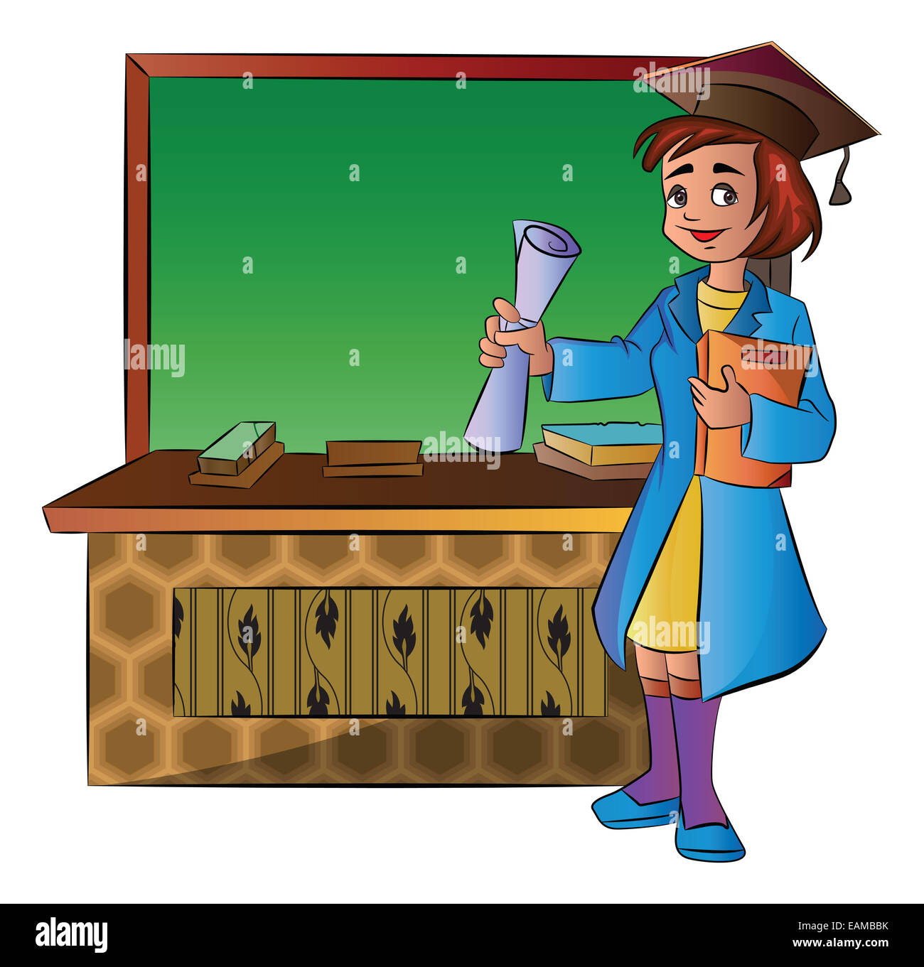 Female Graduate with Diploma and Graduation Cap, vector illustration ...