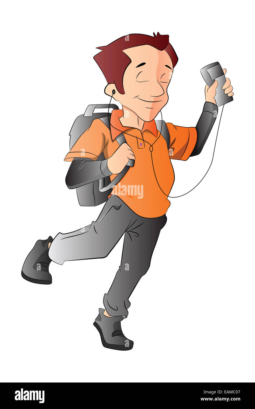 Man with a Backpack and Music Player, vector illustration Stock Photo