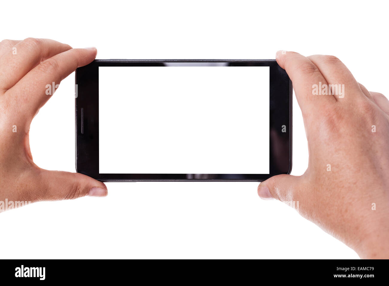 human hands taking photo with a mobile phone isolated over a white background Stock Photo
